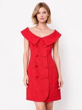 Kathryn Conover 80s True Red Oversized Portrait Collar Linen Blend Sheath Dress